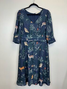 Woodland Animal Nature Print Midi Dress Size M 3/4 Sleeves Cottagecore Fairycore